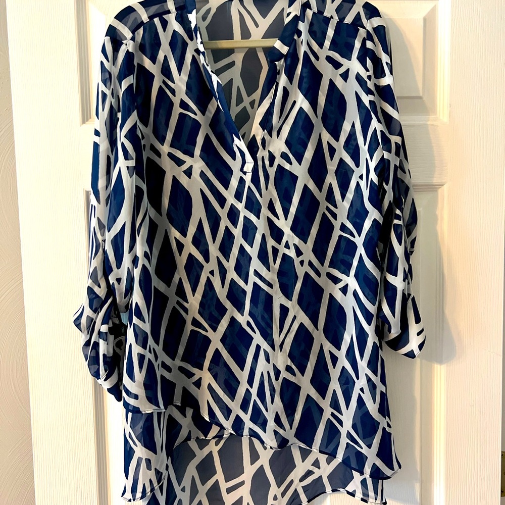 Chicos high low asymmetric top.  Navy blue and white pattern.
